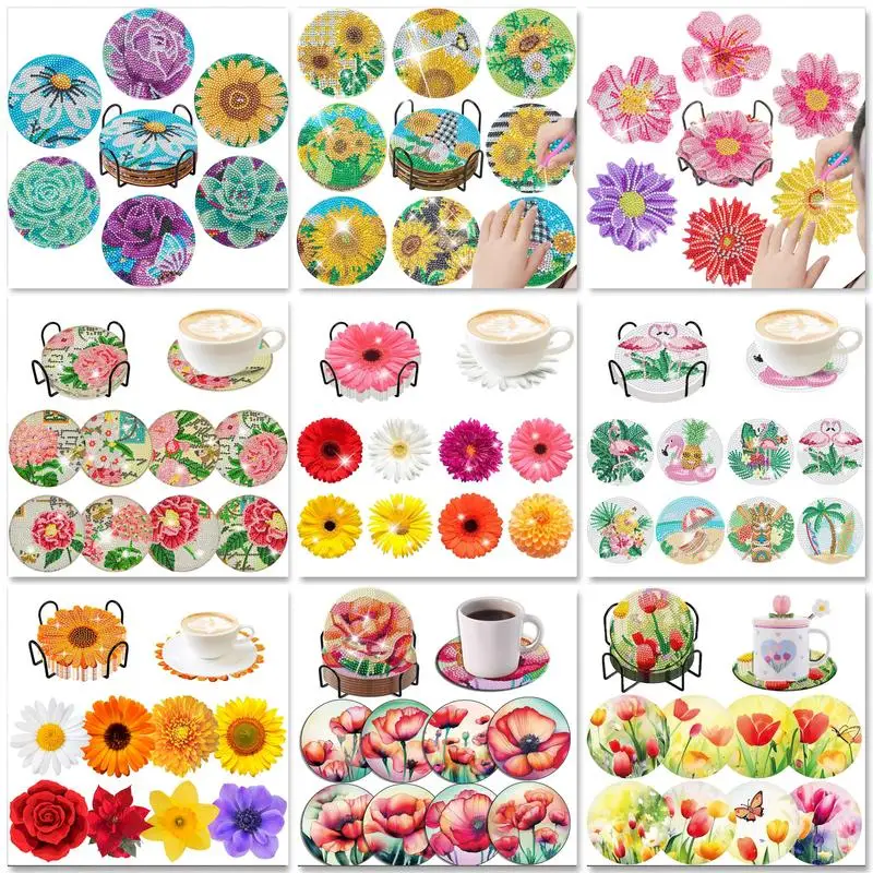 GATYZTORY DIY Flowers Diamond Painting Coasters with Holder Anti Slip Tablemat for Table Flowers Diamond Art Coasters for Adults