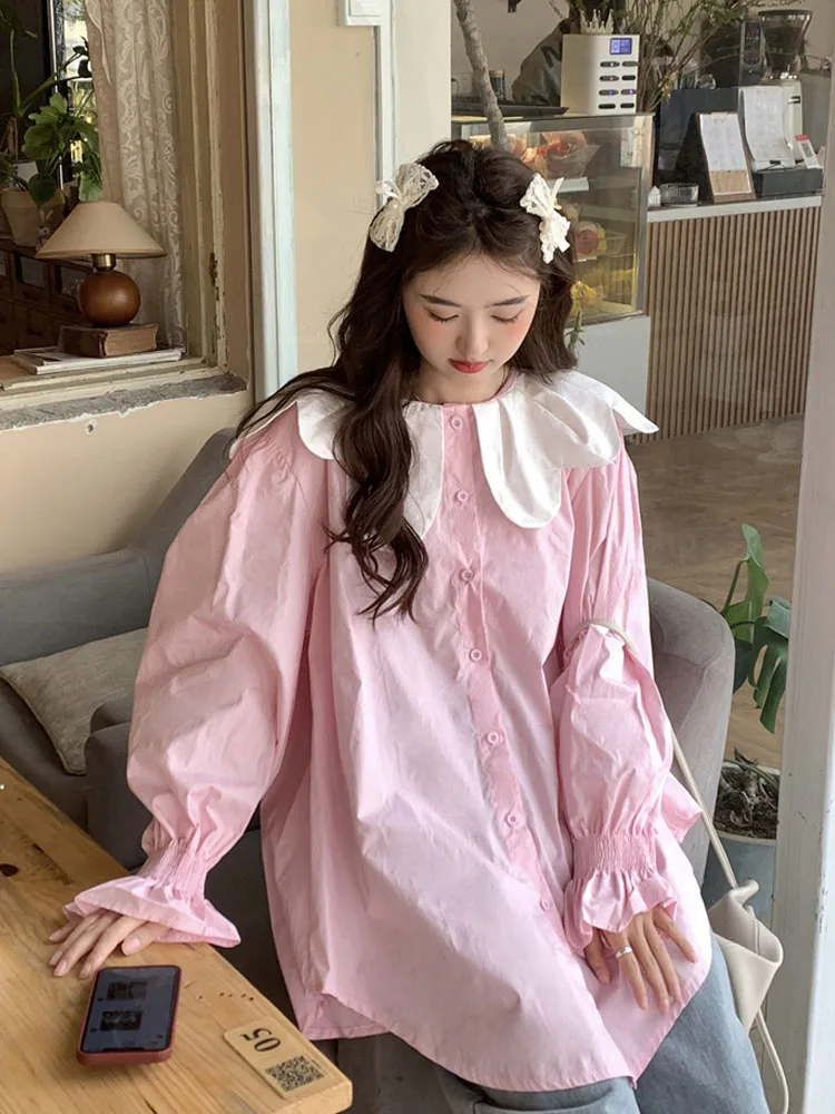 KIMOKOKM Spring Summer Korea Chic Sweet Contrast Color Peter Pan Collar Blouses Flare Sleeve Ruffles Kawaii Pink Loose Shirt