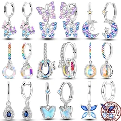 New Earring For Women 925 Sterling Silver Sparkling Butterfly Bear Pink Heart Princess Double Hoop Earrings Luxury Party Jewelry