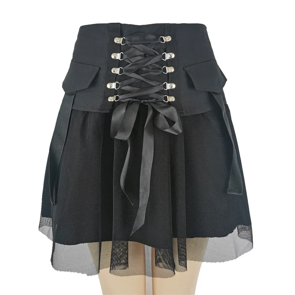 Women's Summer Y2k Multi-Layered Mesh Cake Skirt High Waisted Mesh Lace Patchwork Lace Up JK Skirt Fluffy Cake Skirt Black