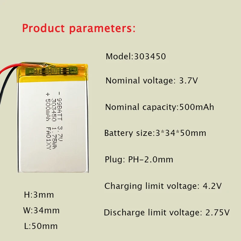 303450 Battery 3.7V 500mAh Polymer Lithium Ion Batteries for Bluetooth Audio Navigator Children's Game Console Beauty Instrument
