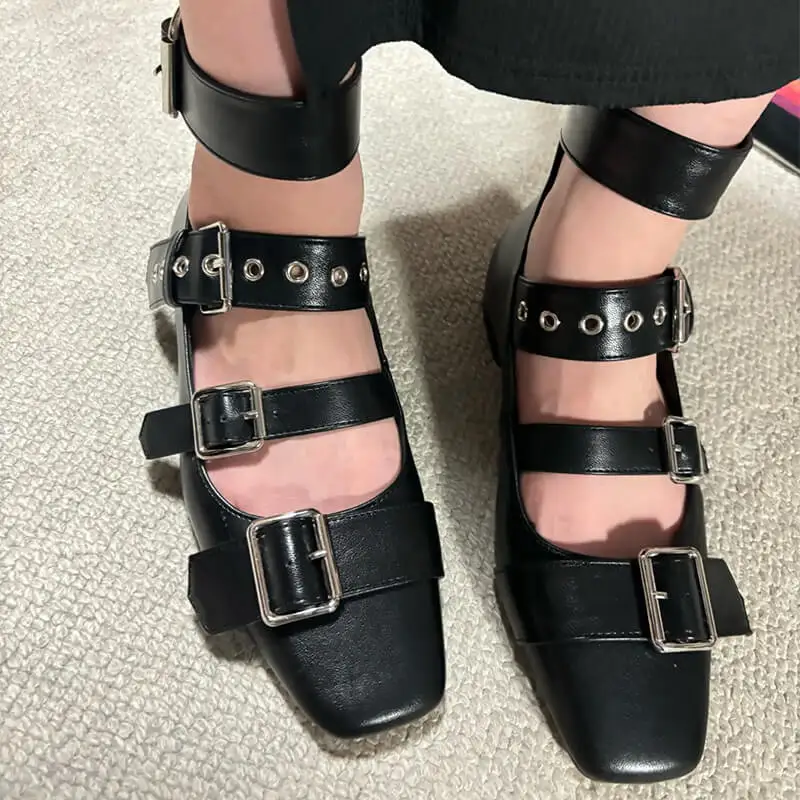 

Onlymake Women Square Toe Buckle Flats Patent Leather Strap Retro Elegant Big Size Back Zipper Daily Flats