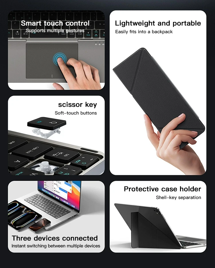 لوحة مفاتيح BTSlim قابلة للطي بلوتوث 5.0 مع لوحة لمس وحامل هاتف للهواتف والأجهزة اللوحية والكمبيوتر الشخصي iOS وأندرويد ونظام التشغيل Windows Mac