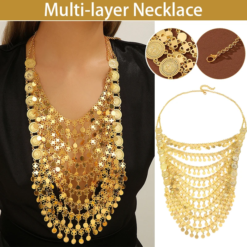 

Винтажное арабское золотое ожерелье с монетами для женщин, многослойное, с кисточками, эффектное, в стиле бохо, этническое украшение, подарок на вечеринку или свадьбу