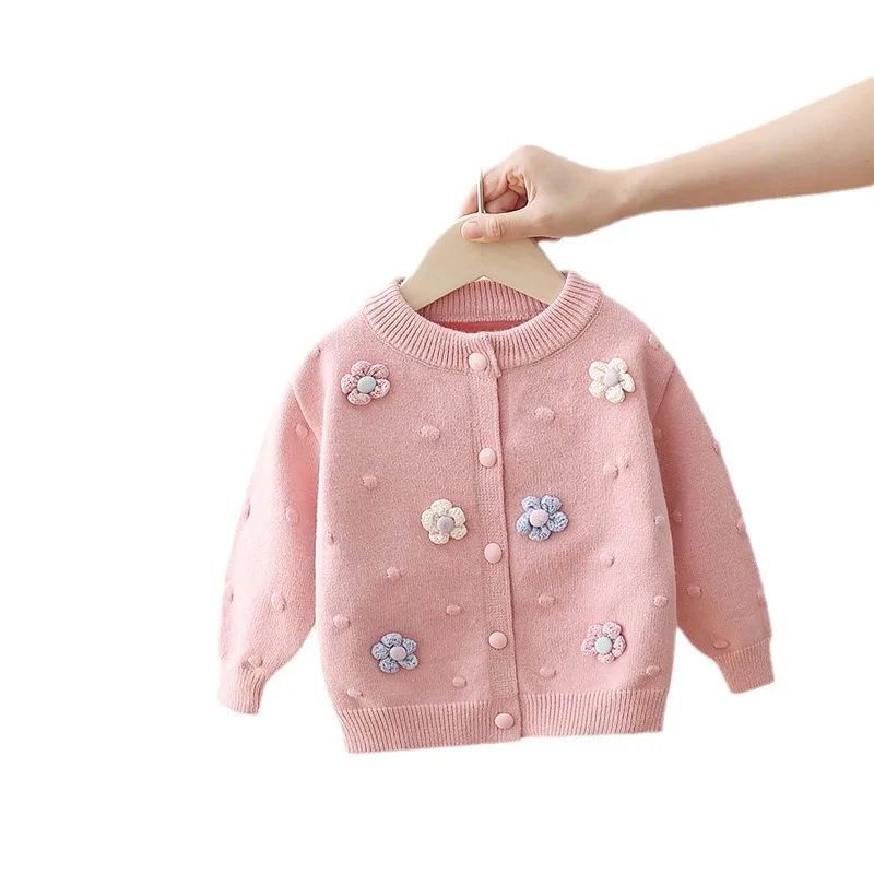 الخريف الشتاء الفتيات محبوك سترة سترة زهرة طويلة الأكمام قمم جولة الرقبة البلوز معطف مريح ملابس الأطفال #5