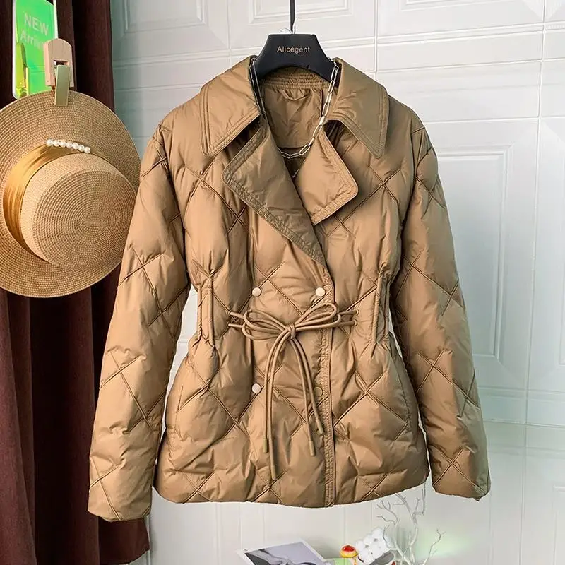 2025 Women White Duck Down Double Breasted Jacket Argyle Autumn Winter Outwear Office Lady Turn-down Collar Slim Coat