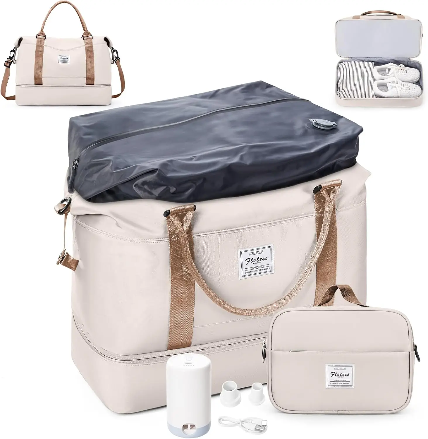 

Overnight Weekender for Women Vacuum Duffel with Air Pump Shoe Pocket Compression Beige Brown