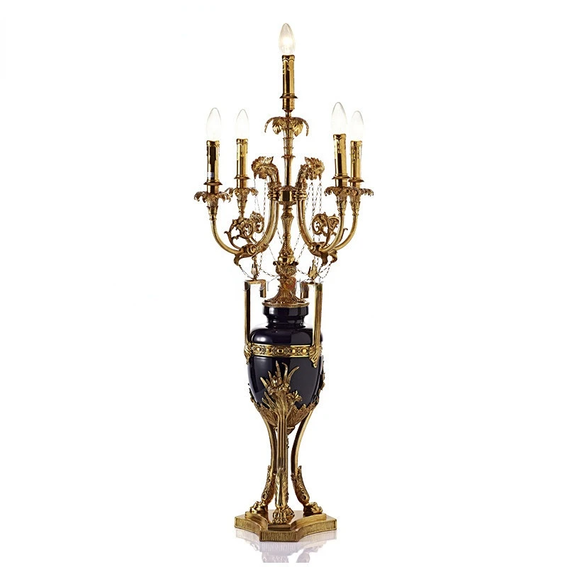 Mid Night Black Porcelain With Bronze Table Lamp, Ancient Brass Five heads Home Decorated Candle Lighting