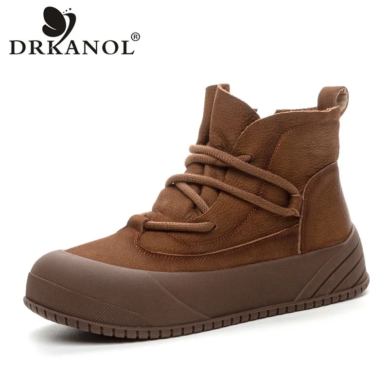 DRKANOL Women Flat Platform Boots Autumn Winter Genuine Leather Zipper Literary Style Ankle Boots Ladies High Top Casual Shoes