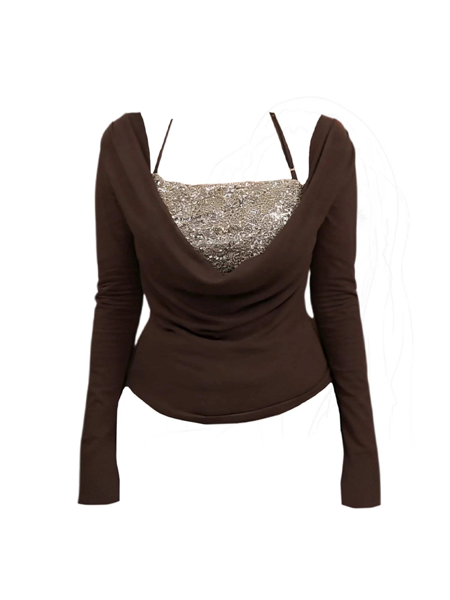 Women's Brown Y2k T-shirt Gyaru Tee Top 2000s Vintage Aesthetic Long Sleeve Square Collar Sequins T-shirts Clothes Spring Autumn