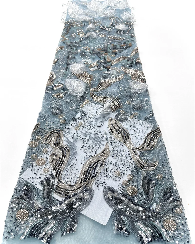 5 Yards Luxury Beaded Fabric Heavy Sequins Embroidery Fabric Fashion French Tulle Mesh Lace Fabric for Wedding Sewing