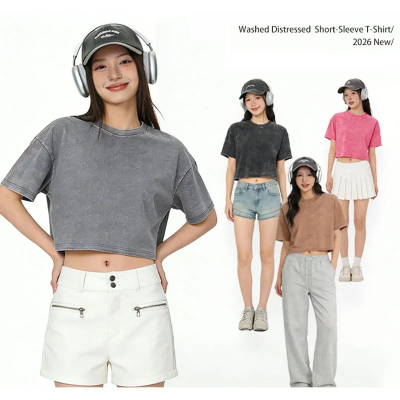Women's Summer Pure Cotton American Retro Washed T-Shirt    Short Style with Belly Button Exposure   Spicy Girl Top