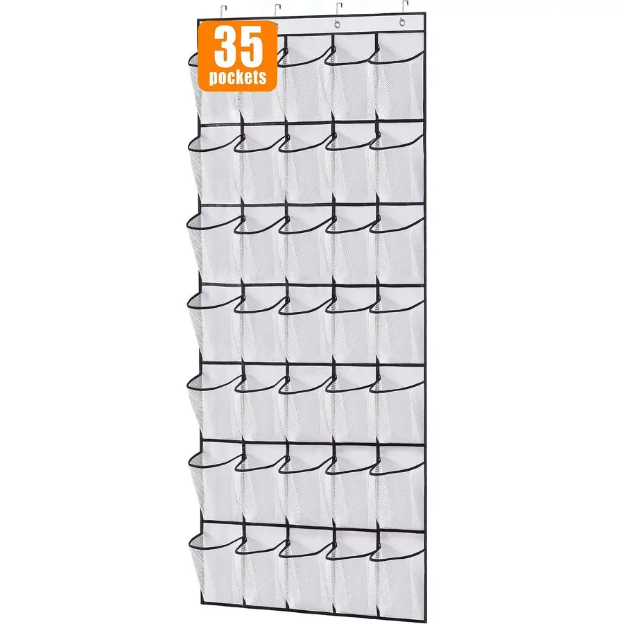 

Органайзер для обуви на дверь с 35 большими карманами, прочный, из ткани Оксфорд, подвесная полка для обуви на дверь, сетчатый держатель для обуви в шкаф, белый