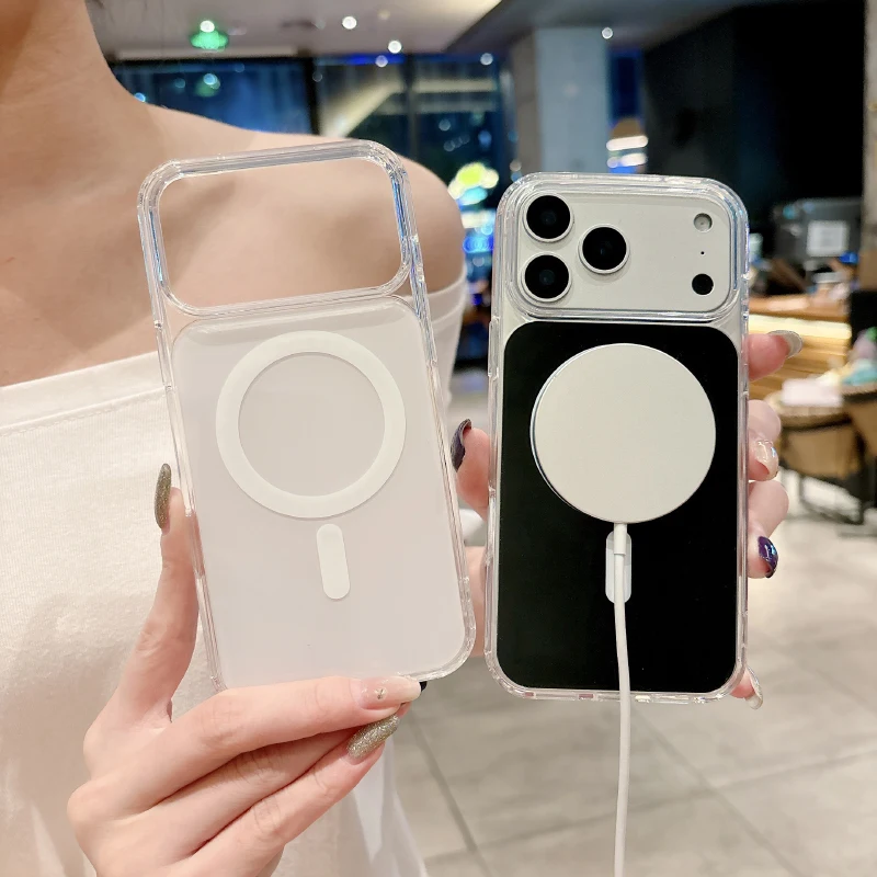 Magsafe магнитная беспроводная зарядка с прозрачной рамкой + однотонная акриловая задняя панель чехол для телефона для iPhone 17 Pro Max задняя крышка