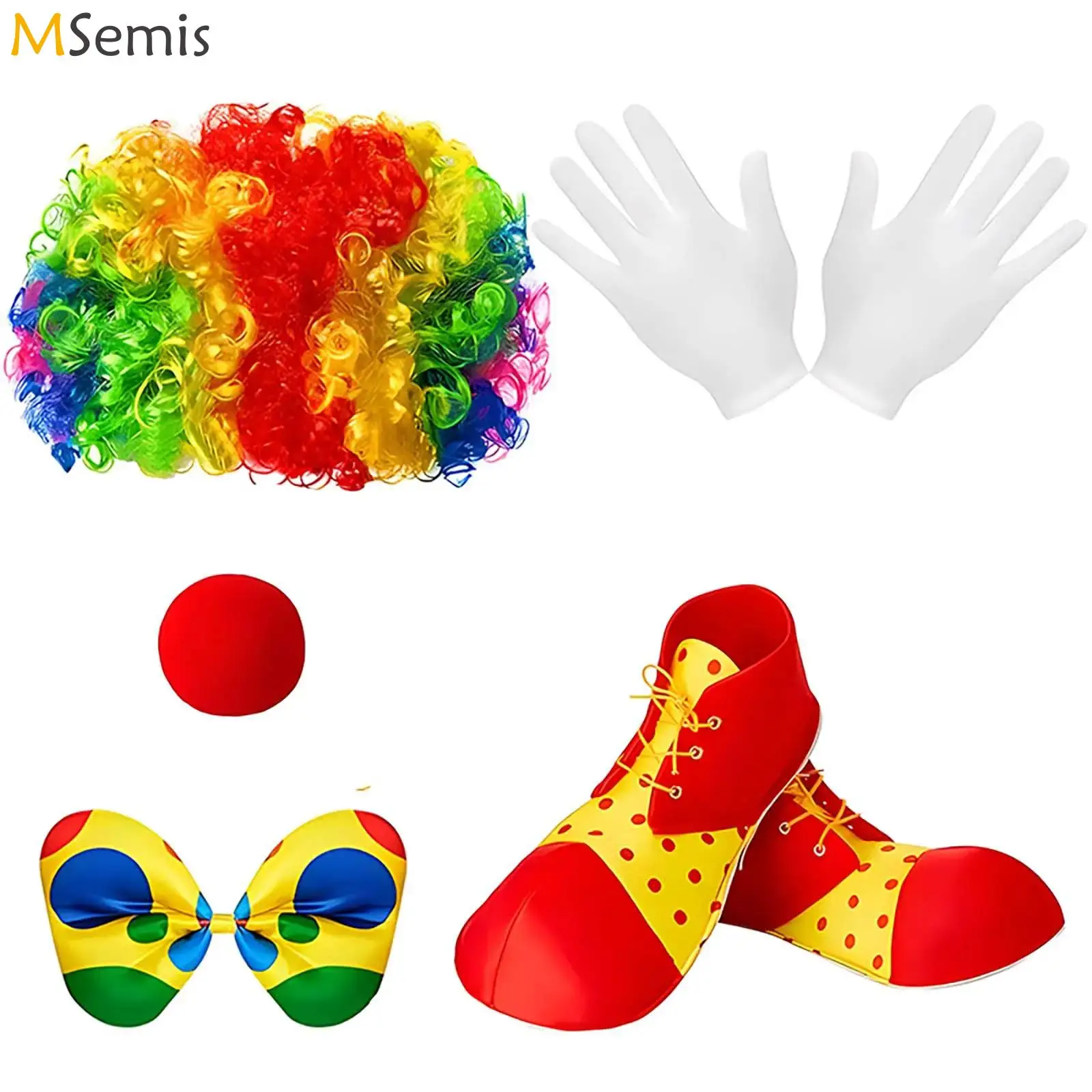 Rainbow Clown Costume Props Set Wig Red Sponge Nose Dots Bow Tie Gloves Clown Shoes Set Adult Kids Halloween Clown Cosplay Props