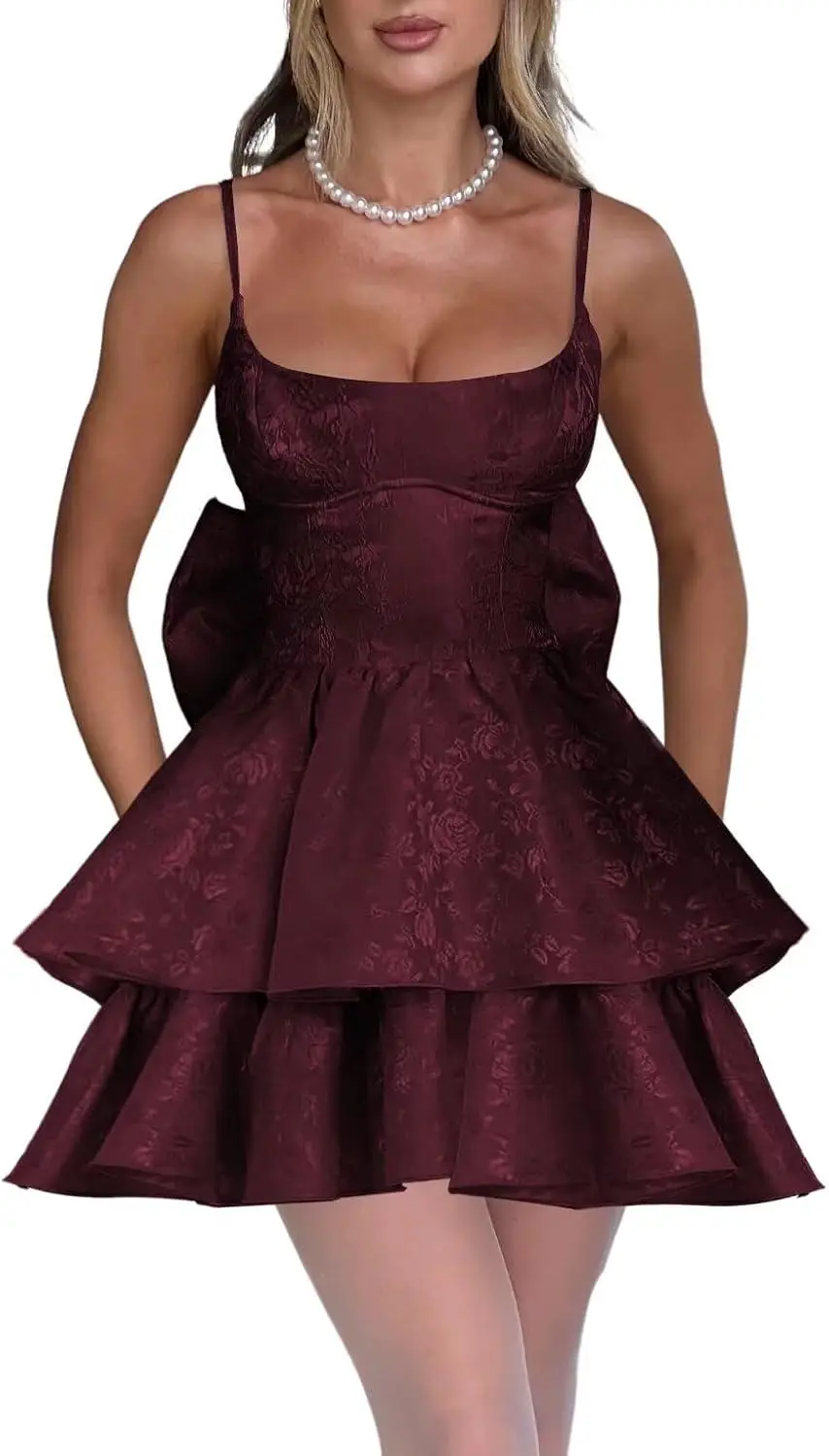 スパゲッティストラップ ホームカミングドレス リボン付き ジャカード 花柄 サテン Aライン ミディ フォーマル カクテルドレス 膝上、ミニ