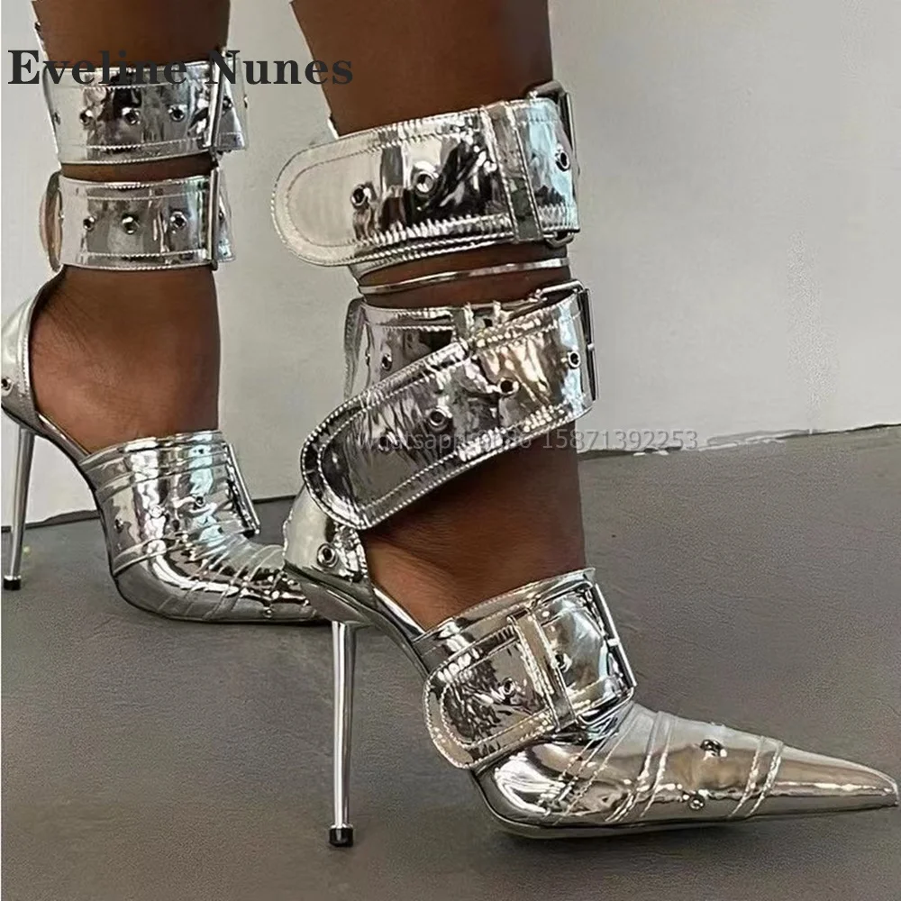 

Belt Buckle Metal Heel Gladiator Pointed Toe Ankle Strap Hollow Out Sexy Women Sandals Runway Show Large Size Shoes 2023 Newest