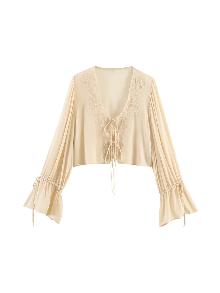 

Women's Beige Lace Tie Front Flare Sleeve Crop Top Elegant V Neck Ruffle Cuff Blouse 2026 New Arrivals Lady Daily Commute Shirts