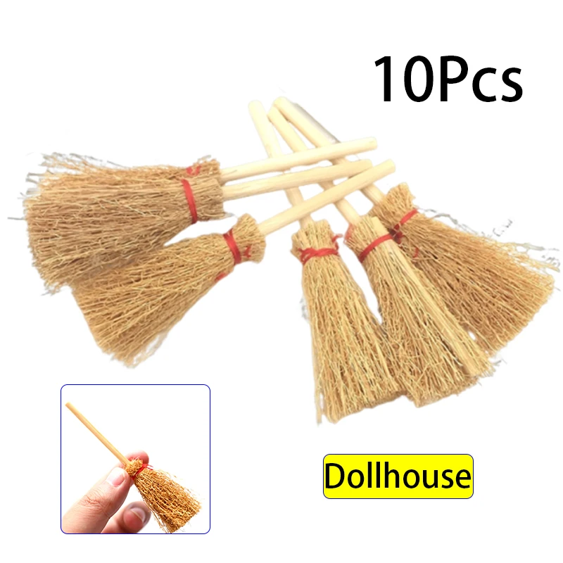 10Pcs Mini Broom Red Rope Straw Brooms Dollhouse Decor Halloween Micro Landscape Decorations Accessories Witch Broom