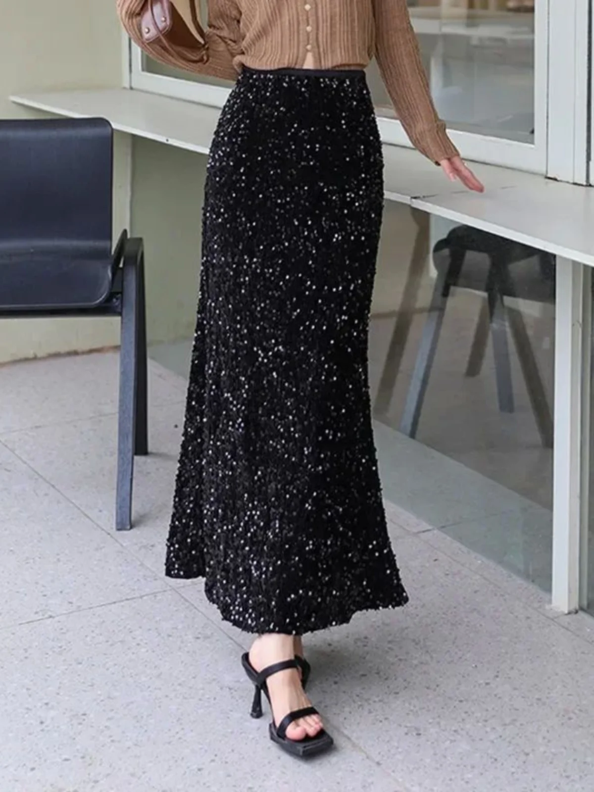 

Юбка-русалка с высокой талией и пайетками, женская повседневная яркая юбка-футляр, модная элегантная женская юбка средней длины