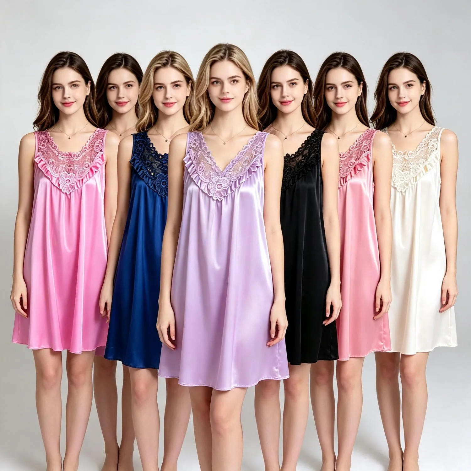 Women Silk Satin Sleeveless Nightgown Romantic Lace VNeck Sleep Dress Loose Short Nightdress Female Home Wear Pajama For Summer