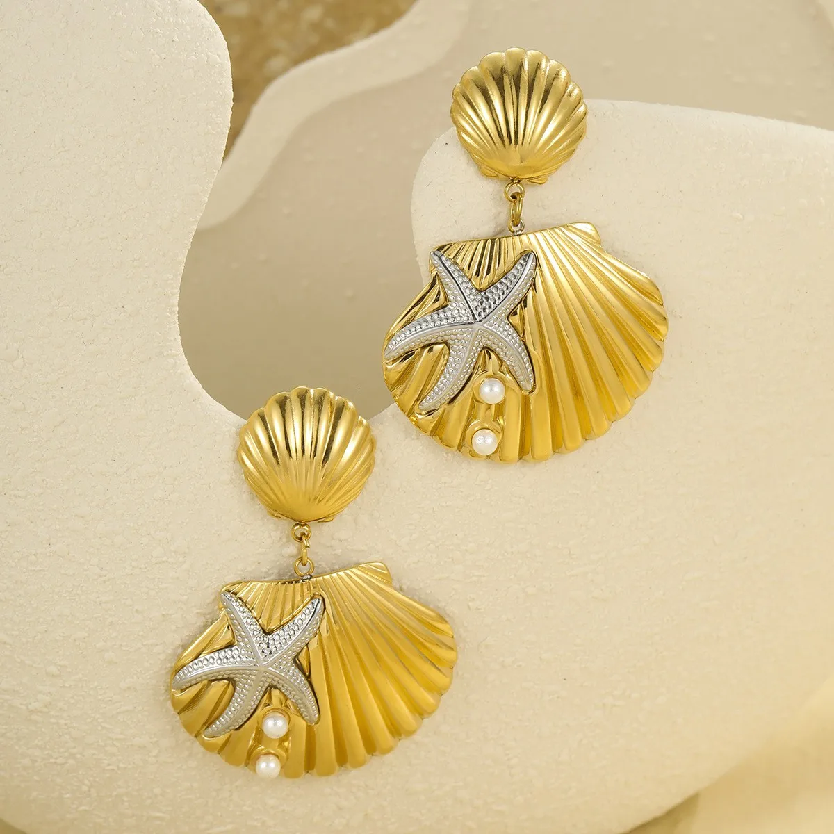 Sunnice Ins Style Ocean Shell Earrings Women 18K Gold Plated Stainless Steel Fashion Jewelry Marine Shell with Pearls Earrings