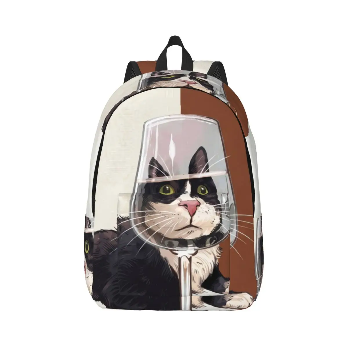Aesthetic Animal Student Backpack Center Wine Cat Whimsical Illustration Black White Multi Lightweight Daypack for Animal Lovers
