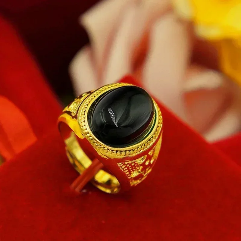 AU750 same style mens 999 real gold ring 18K agate Pixiu God of Wealth adjustable open gold inlaid jade Anilo Hobre