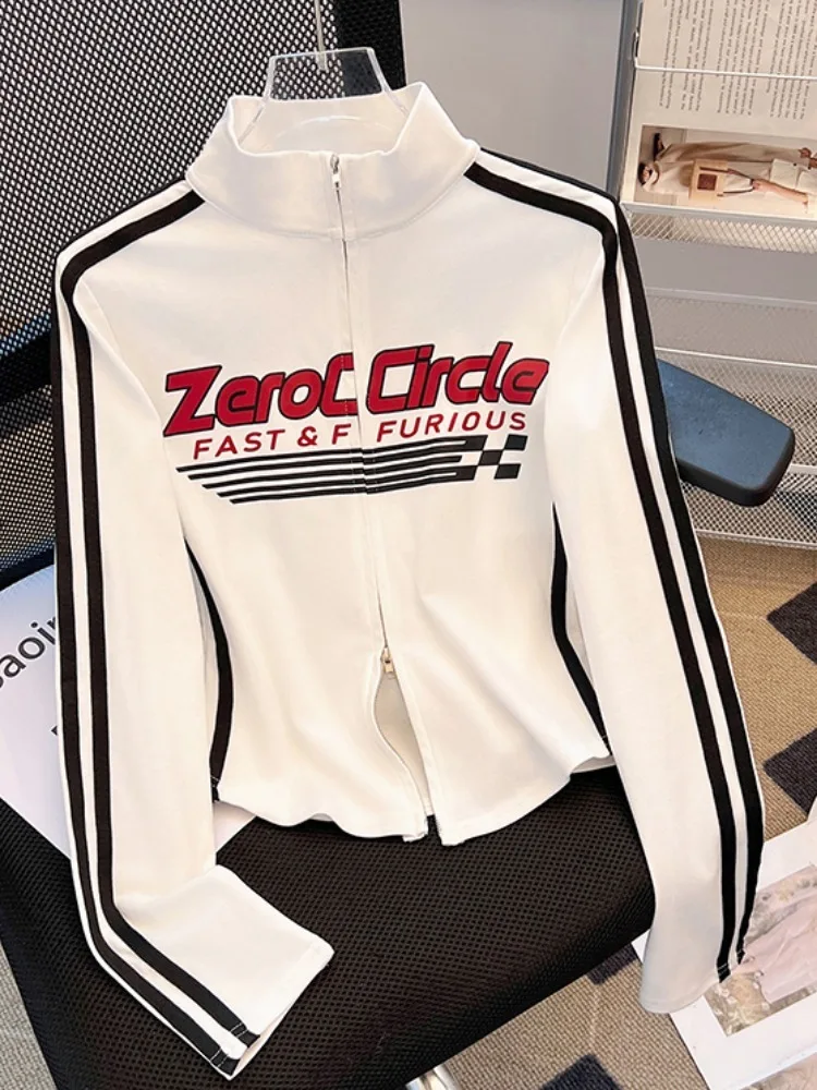 

Женская куртка в ретро-американском стиле с мотоциклетным принтом, на молнии, с длинными рукавами, приталенная, из органического хлопка, для повседневной носки