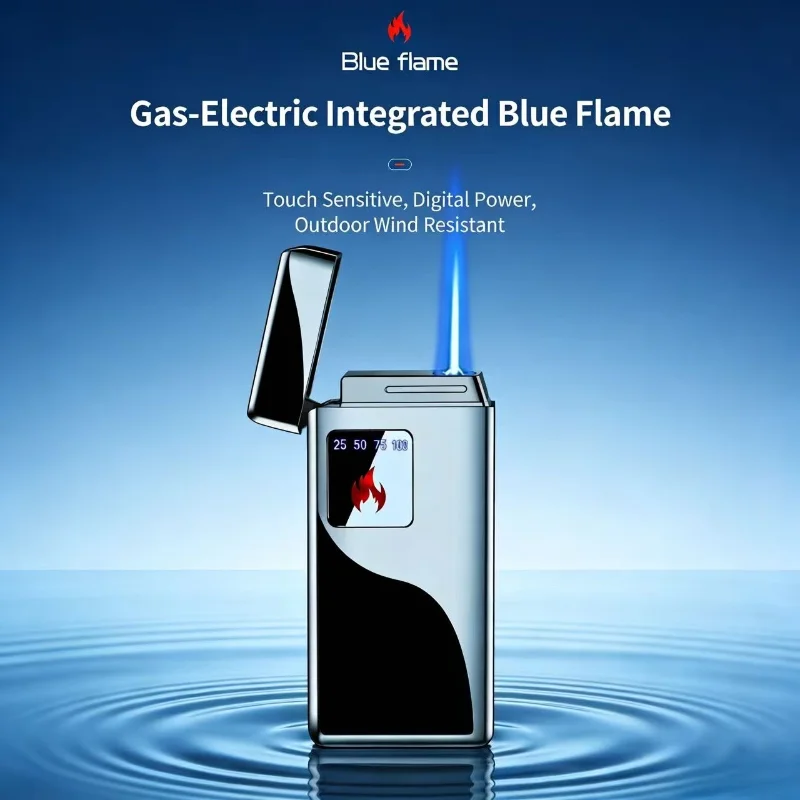 Metal Windproof Blue Flame Butane Gas Lighter Digital Battery Display Touch Sensing Ignition USB Charging Smoking Accessories