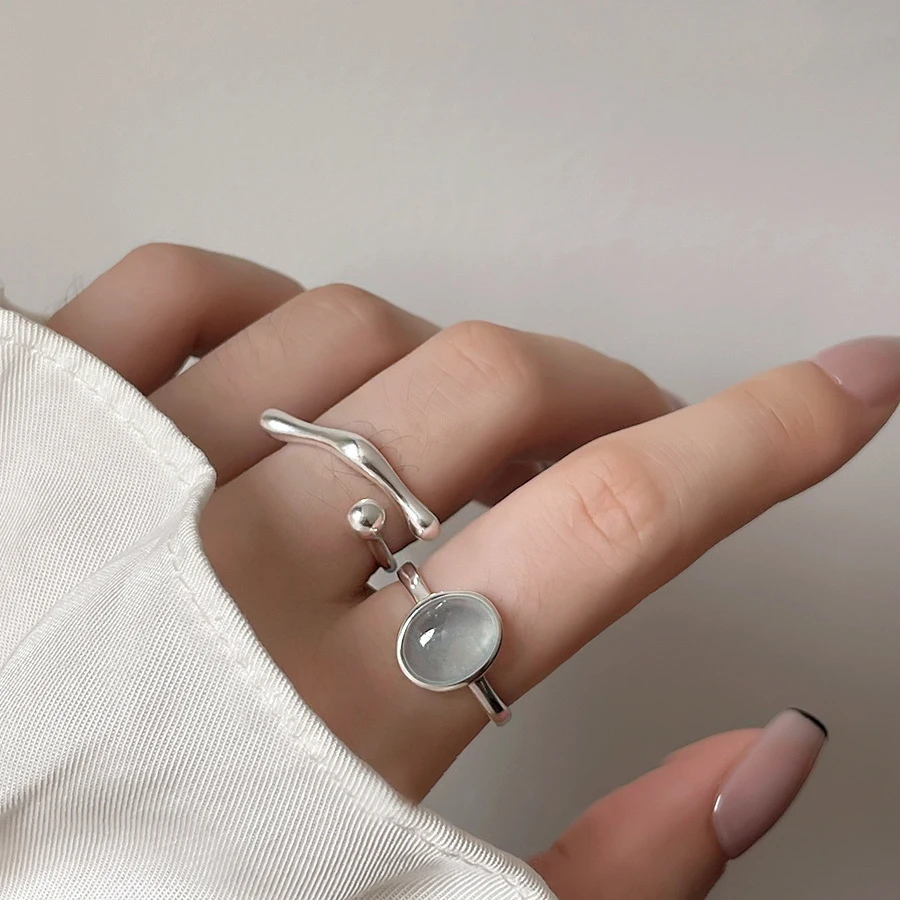 925 Silve Plated Moonstone Irregular Ring for Women Party Gift Adjustabler Personality Korean Dropshipping