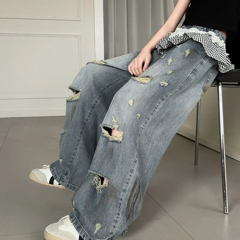 

Peplum Waist for Tween Girl Streetwear Pants Teen Child Broken Hole Jeans Trousers