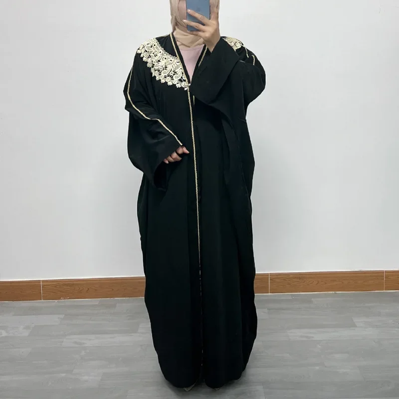 Bat Sleeves Muslim Fashion Middle East Dubai Collage Lace Loose Oversized Cardigan Robe Jalabiya for Women