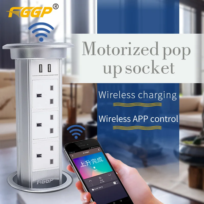 

Kitchen Countertop Electrical Outlet Motorized Pop Socket 13A Rated Current IP44 Aluminum For UK/EU