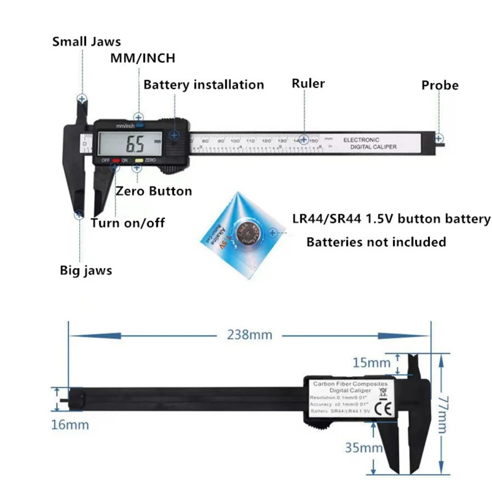 150mm Electronic Digital Caliper Carbon Fiber Dial Vernier Caliper Gauge Pachometer Digital Ruler Micrometer Measuring Tools