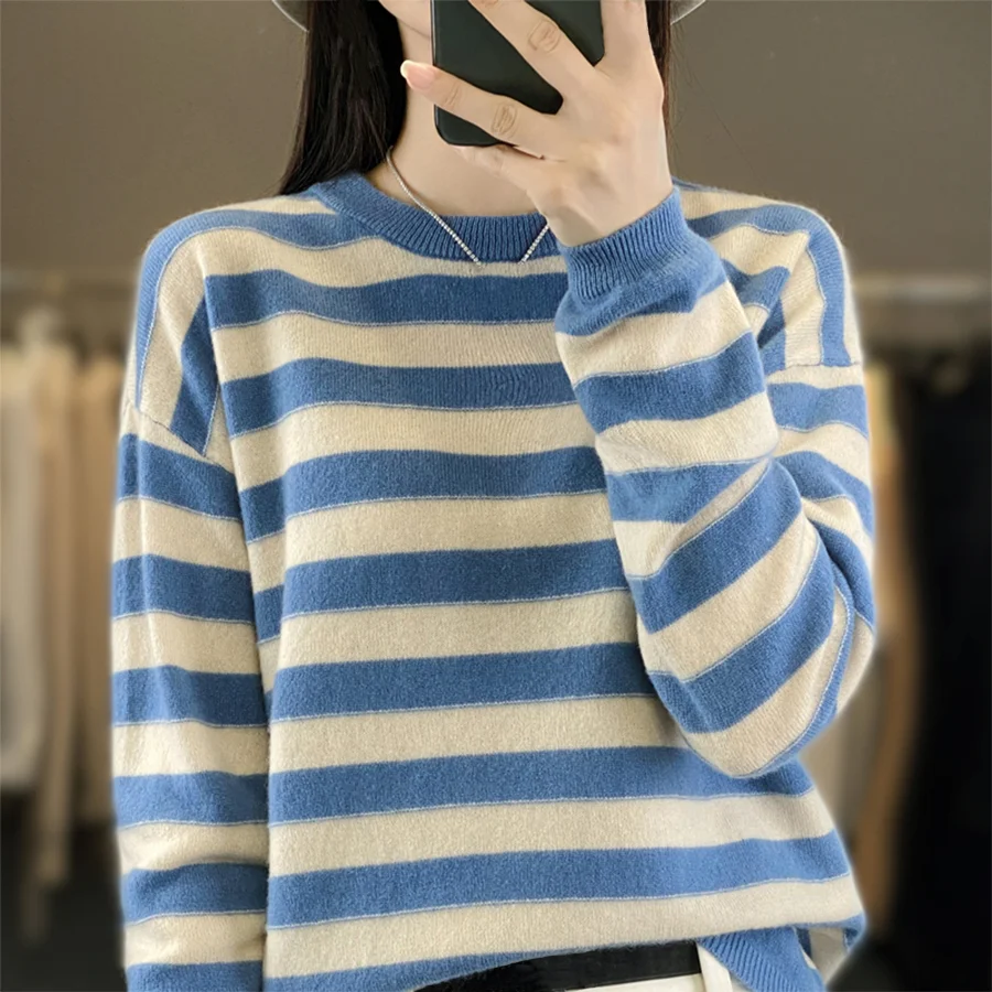 O-Neck Stripe Pullovers for Women Spring Summer Long Sleeve Casual Cotton Soft Thin Sweater T Shirt Girl Korea Fashion Tops