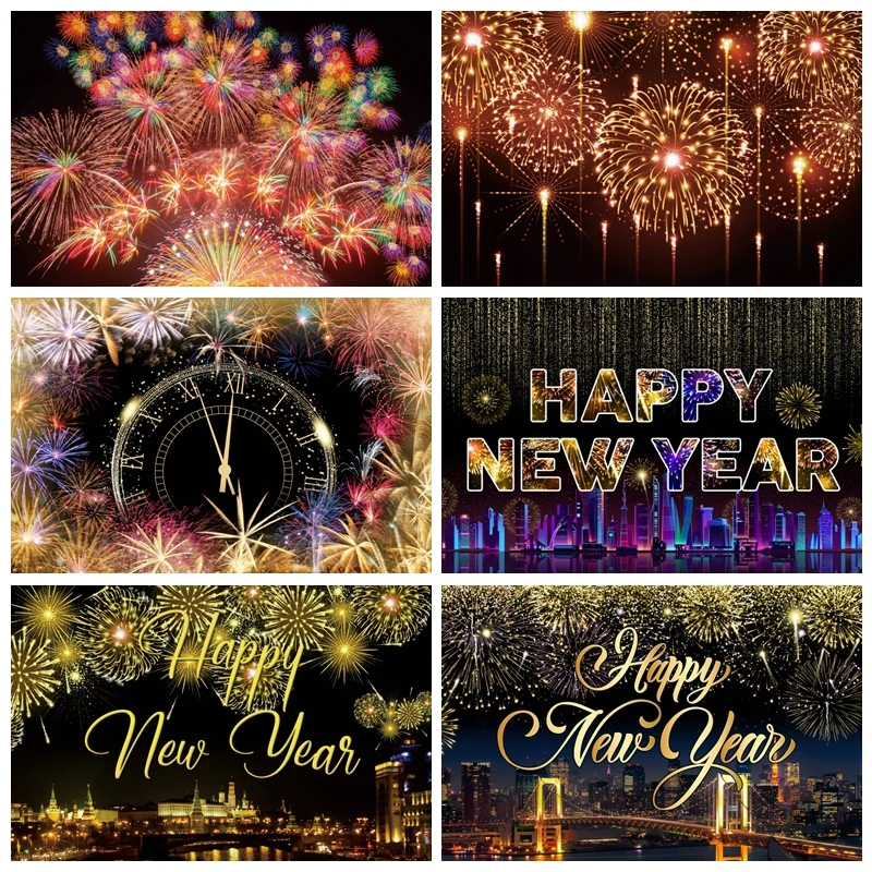 2025 New Year Backdrop Golden Bokeh Fireworks New Year Christmas Eve Party Holiday Festival Kids Portrait Photography Background