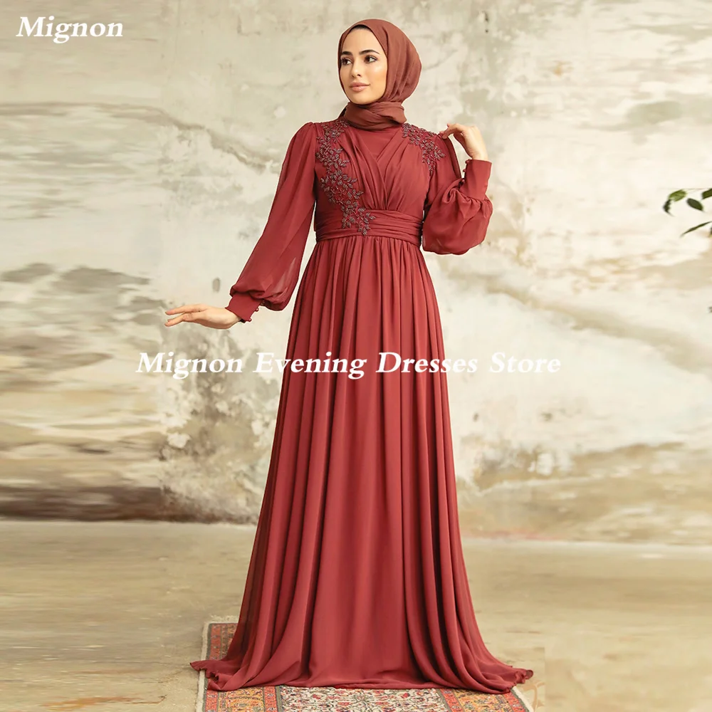 

Mignon Chiffon A-line O-neck Applique Arab Ruffle Prom Gown Floor Length Saudi Evening Formal Elegant Party Dress for Women 2023