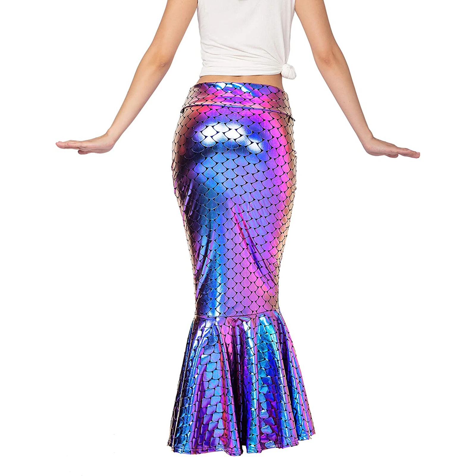 Falda larga de sirena para mujer, falda ajustada con estampado de escamas de holograma metálico y cadena de perlas para disfraz de Cosplay, falda de
