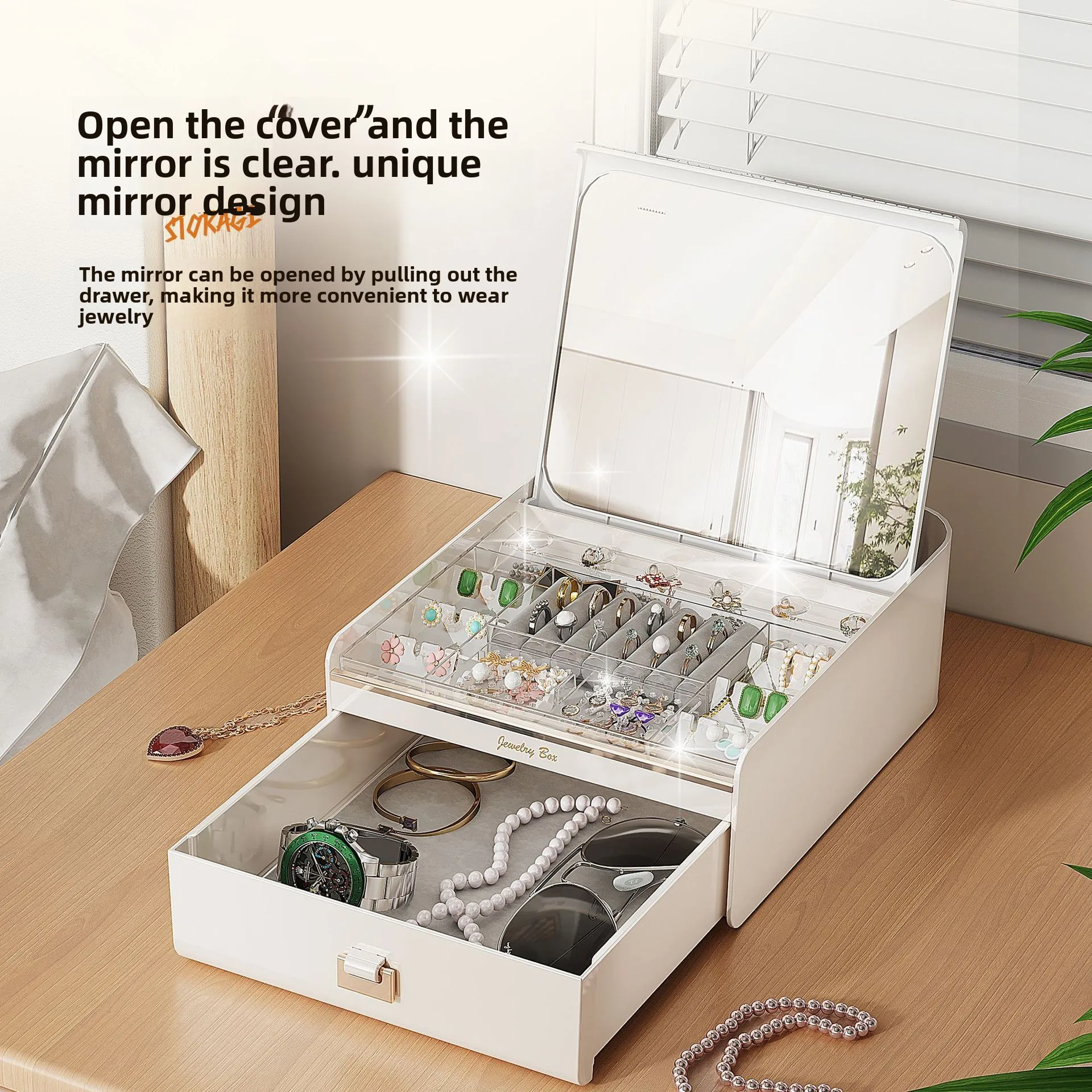 

Jewelry box, automatic opening lid, premium earrings, jewelry storage box, ring necklace, large capacity, gift with mirror.
