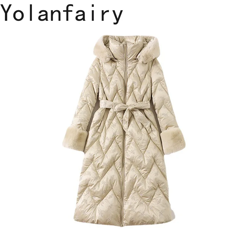 

YOLANFAIRY длинная куртка-пуховик для женщин, зимняя элегантная парка на шнуровке с капюшоном, белое утиное пуховое пальто, женская парка с воротником из кроличьего меха