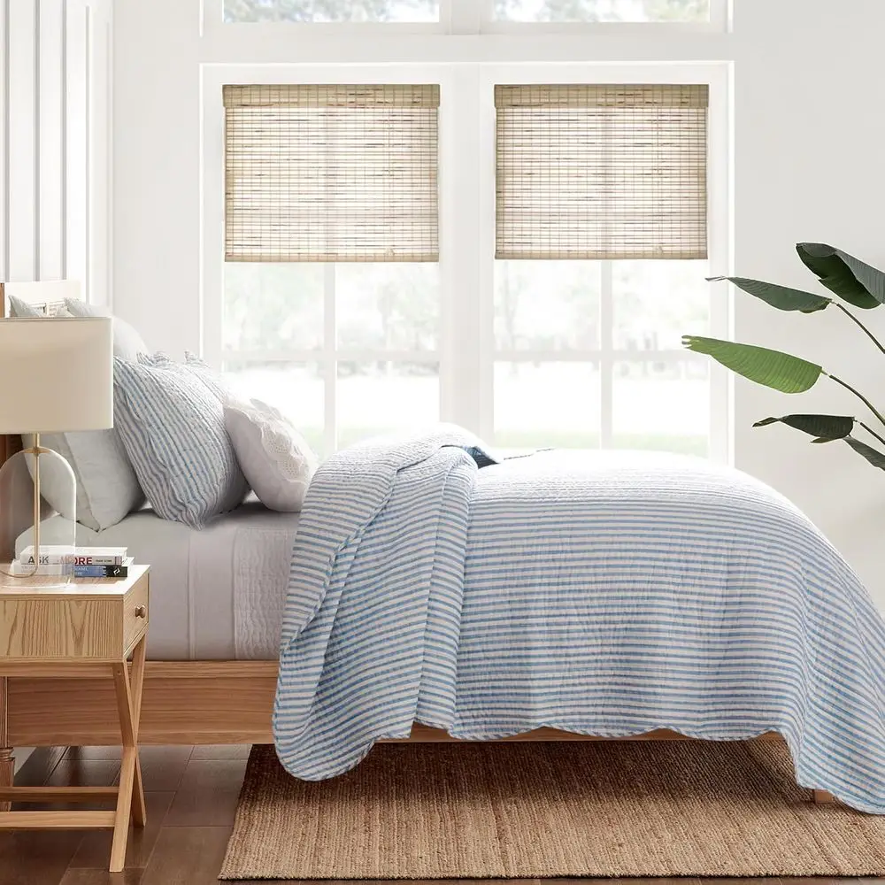 

Blue and White Striped Cotton Quilt Set - Full/Queen Size with 2 Pillow Shams