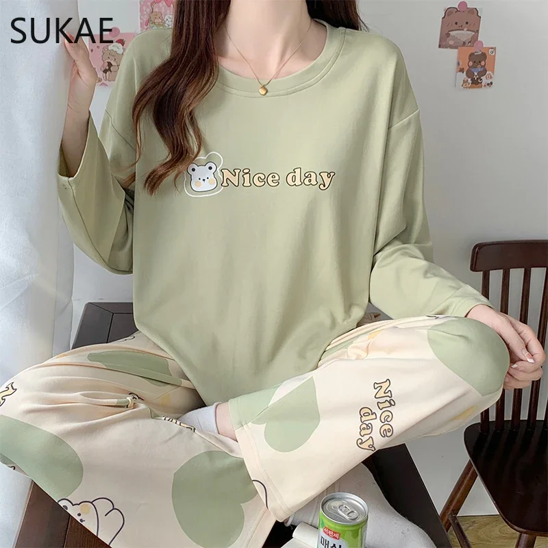 SUKAE-Conjunto de pijama con estampado de cachorro rosa para mujer, ropa de dormir Coreana de manga larga con cuello redondo, de algodón de