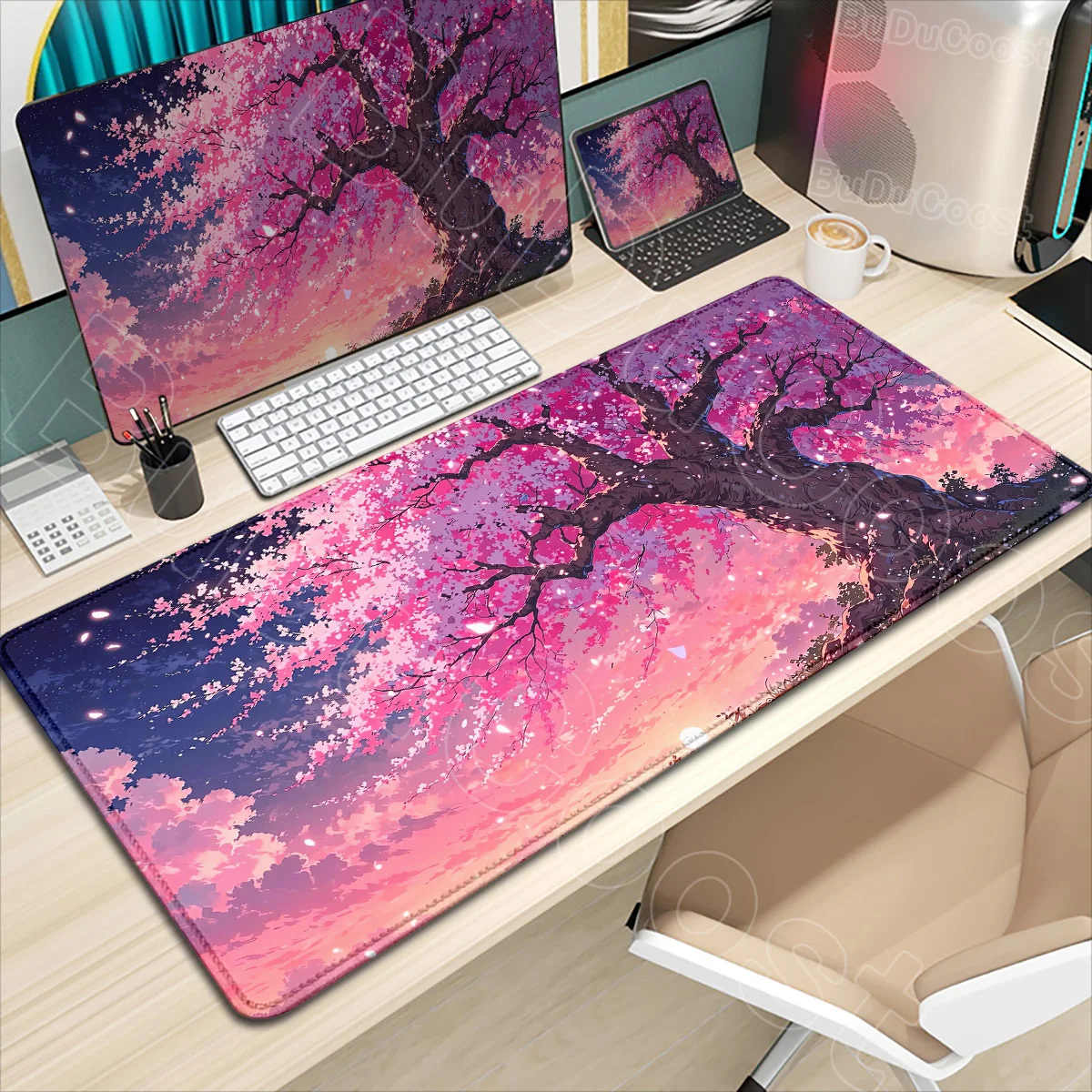 

HD Printing Large Non-Slip Rubber Gaming MousePad Sakura Scenery Moon Mouse Pad Durable Deskmat Seam Edge Suitable Office Gaming