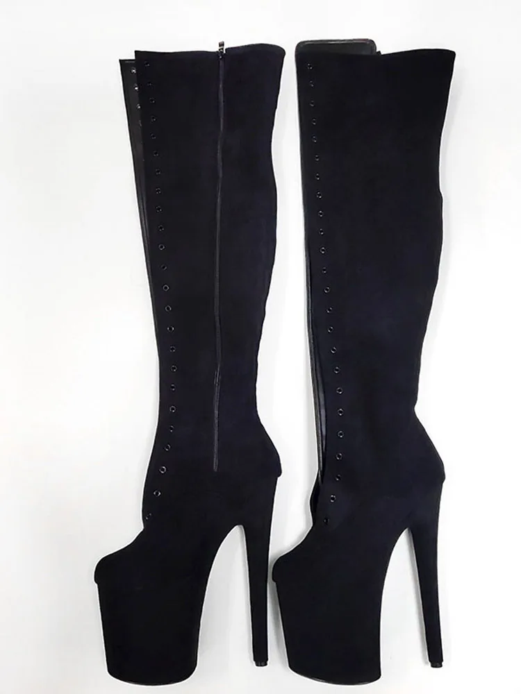 Real photos 8inch Thin Heels 20cm Exotic Crossdress Flock Over The Knee Boots Combat Lace Up Shoes Gothic Stripper shoes stage