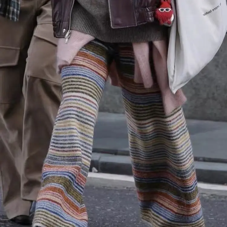 

Gagarich с высокой талией в полоску в стиле ретро, вязаные брюки-трубы контрастного цвета, осень-зима, новые свободные шерстяные повседневные брюки
