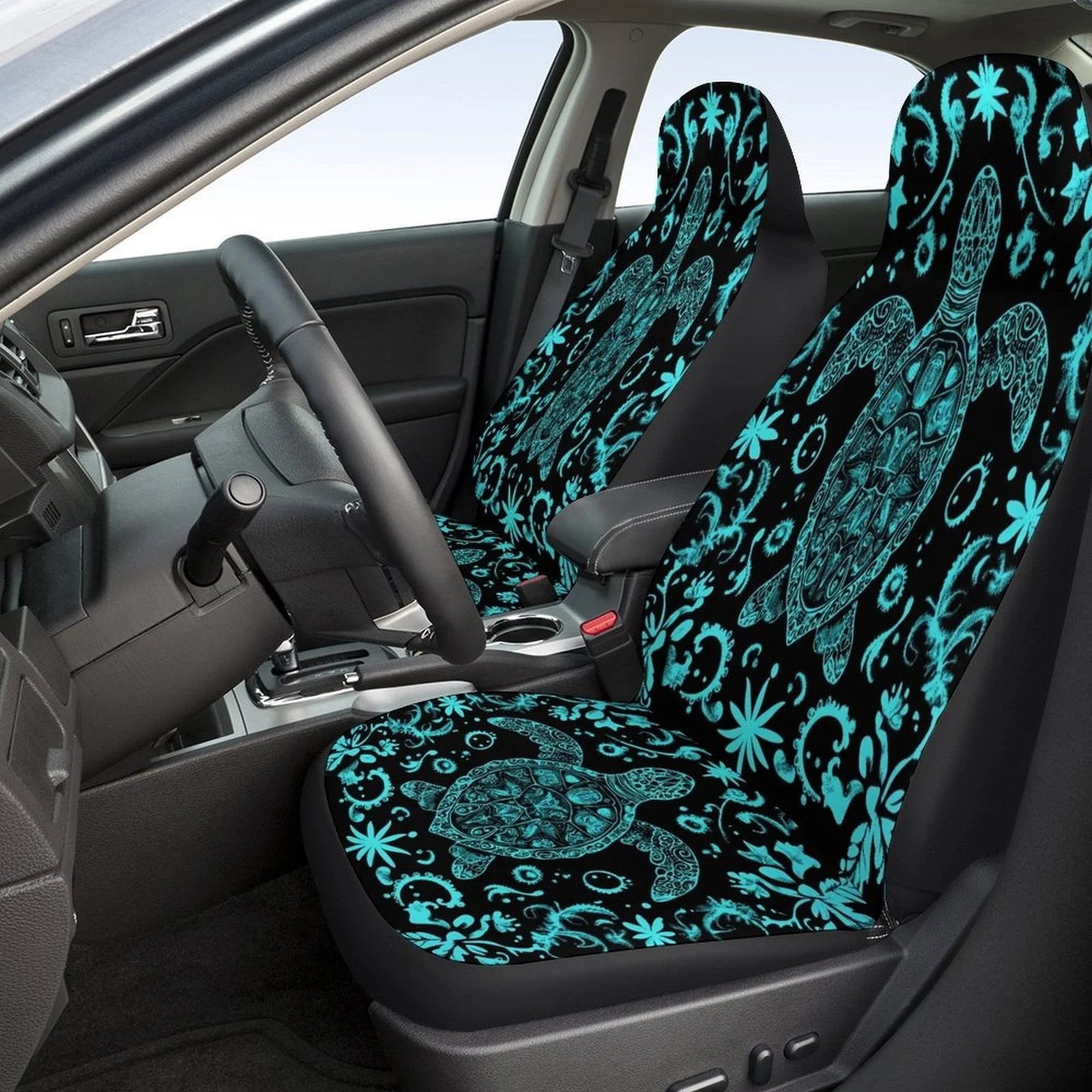 Car Seat Cover Set Featuring A Turtle Mandala Design, Suitable For Various Vehicles. Stylish And Unique, These Full Set Seat Pro