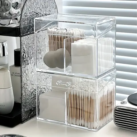 Multifunctional Acrylic Cotton Pad Swab Organizer 3-Compartment Dustproof Storage Box with Lid for Bathroom Vanity Tools