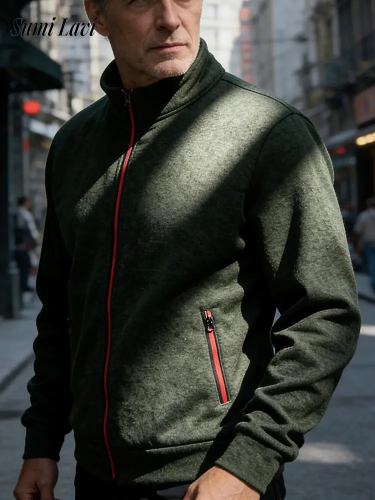 

Daily Casual Mens Zip-up Sweatshirts Spring Autumn Vintage Contrast Color Stand Collar Jacket Coats Men Fashion Outerwear