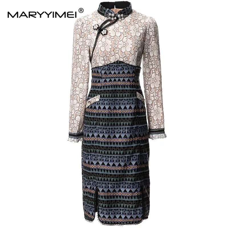 

MARYYIMEI Fashion Women's 2024 Spring Chinese Style Cheongsam Stand-Up Collar Long-Sleeved Nail Beads Lace Hip Wrap Split Dress